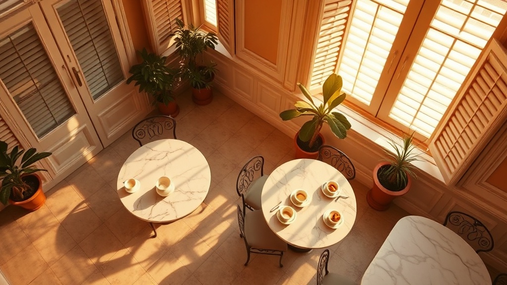 Intérieur d'un salon de thé niçois avec tables en marbre et lumière méditerranéenne
