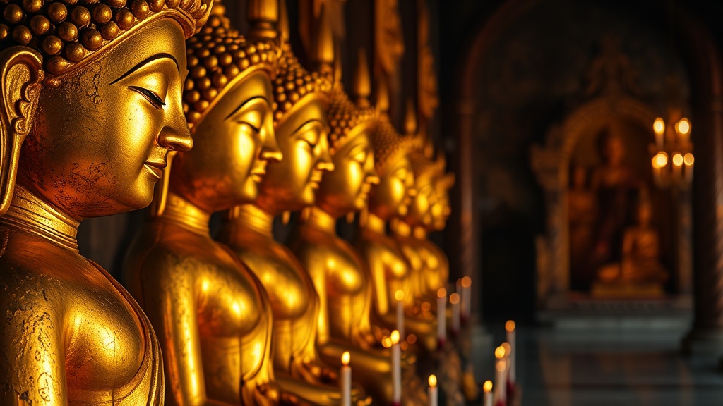 Statues de Bouddha recouvertes de feuilles d'or au sanctuaire de Hpaung Daw U, Myanmar