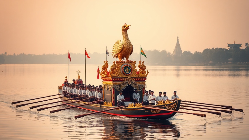 Barge royale Karaweik lors du festival de Hpaung Daw U avec rameurs Intha pratiquant la rame à une jambe