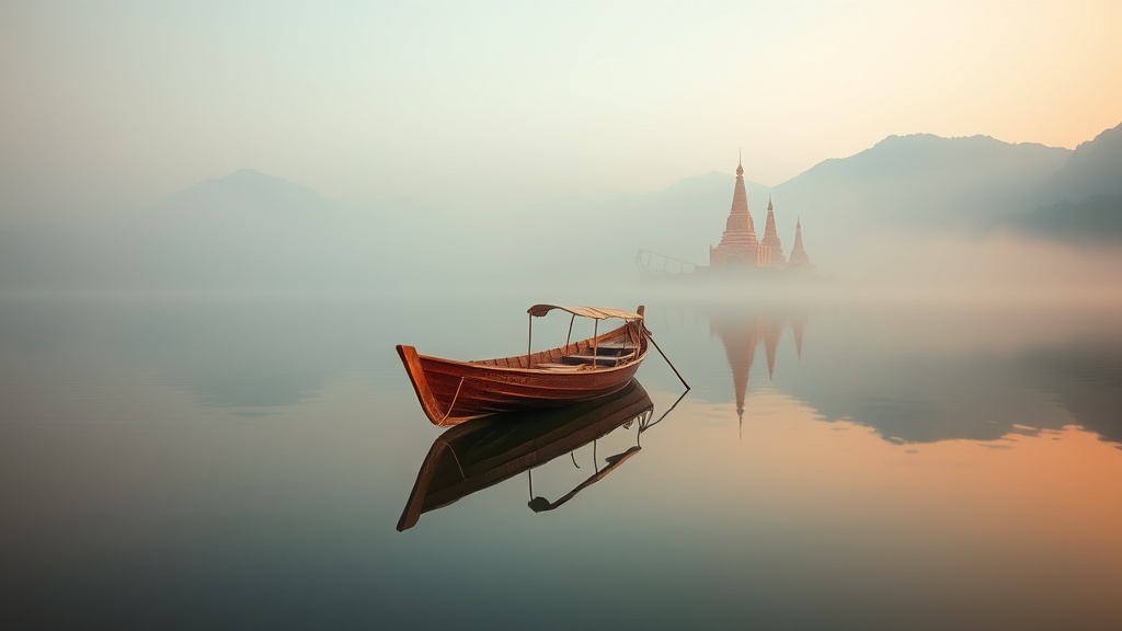 Bateau traditionnel sur le lac Inlé avec la pagode Hpaung Daw U en arrière-plan dans la brume matinale