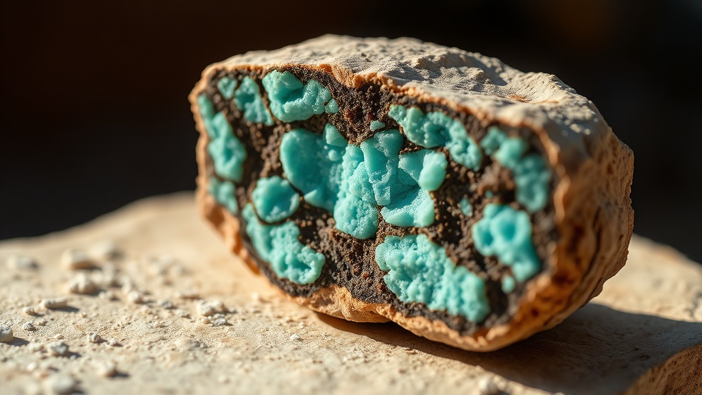 Raw turquoise stone cross-section showing blue-green color and dark matrix veining