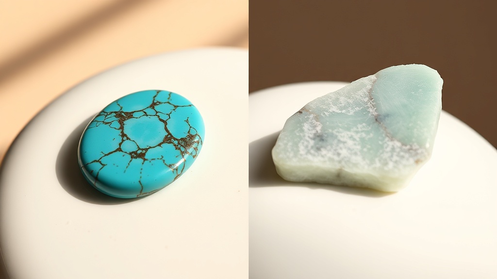Natural turquoise stone compared to dyed howlite imitation side by side on white ceramic