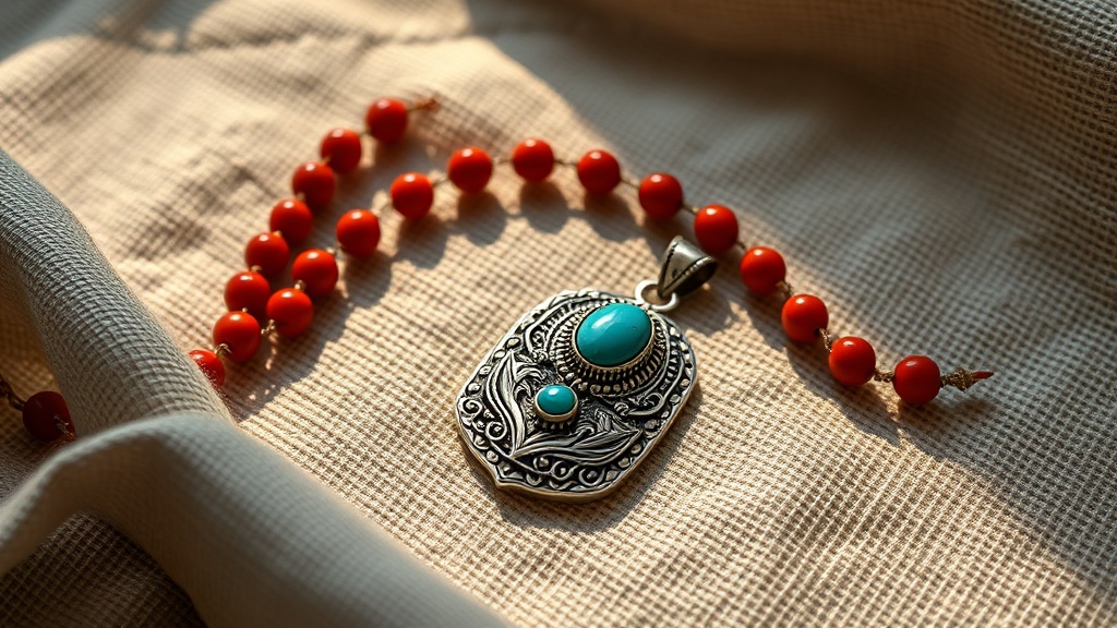 Traditional Tibetan silver jewelry with turquoise and red coral beads on linen