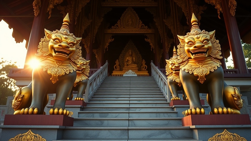 Statues de chinthe gardiens dorés à l'entrée de la pagode Shwedagon, Rangoun