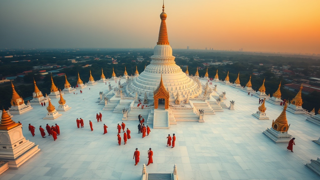 Vue de la plateforme de la pagode Shwedagon au crépuscule avec moines en circumambulation