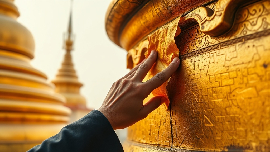 Mains d'un fidèle appliquant des feuilles d'or sur la stupa principale de la Shwedagon