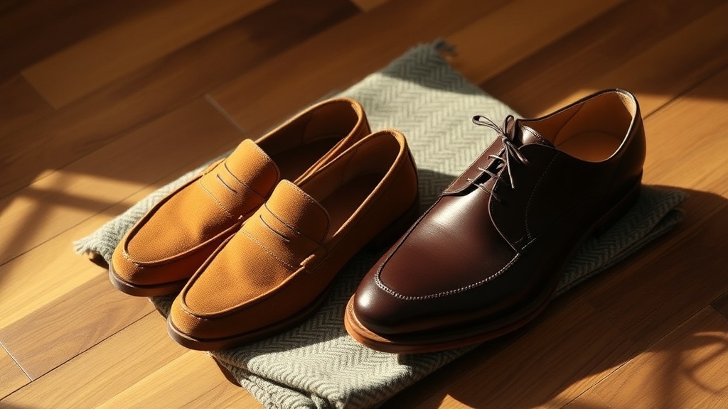 Tan suede penny loafers and cognac leather derby shoes resting on herringbone cloth in warm natural light