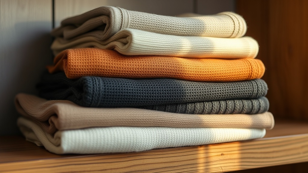 Folded cashmere and merino knitwear in neutral tones stacked on a wooden shelf in warm light