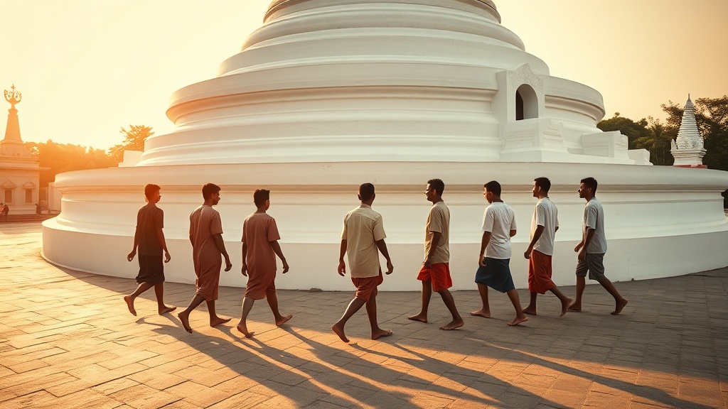 Pèlerins birmans en longyi effectuant la circumambulation autour d'un stupa au coucher du soleil