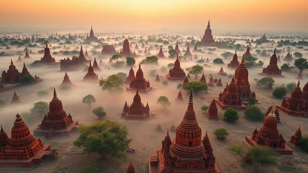 Vue panoramique de la plaine de Bagan au lever du soleil, avec ses centaines de stupas et pagodes en briques rouges