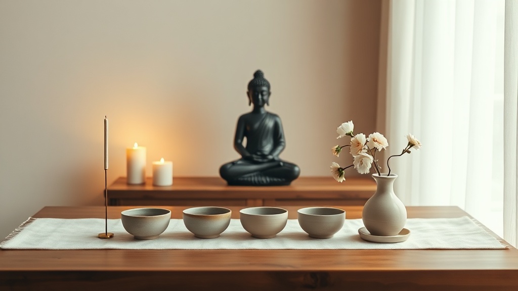 Minimalist home meditation altar with Buddha statue, seven water bowls, incense, and fresh flowers