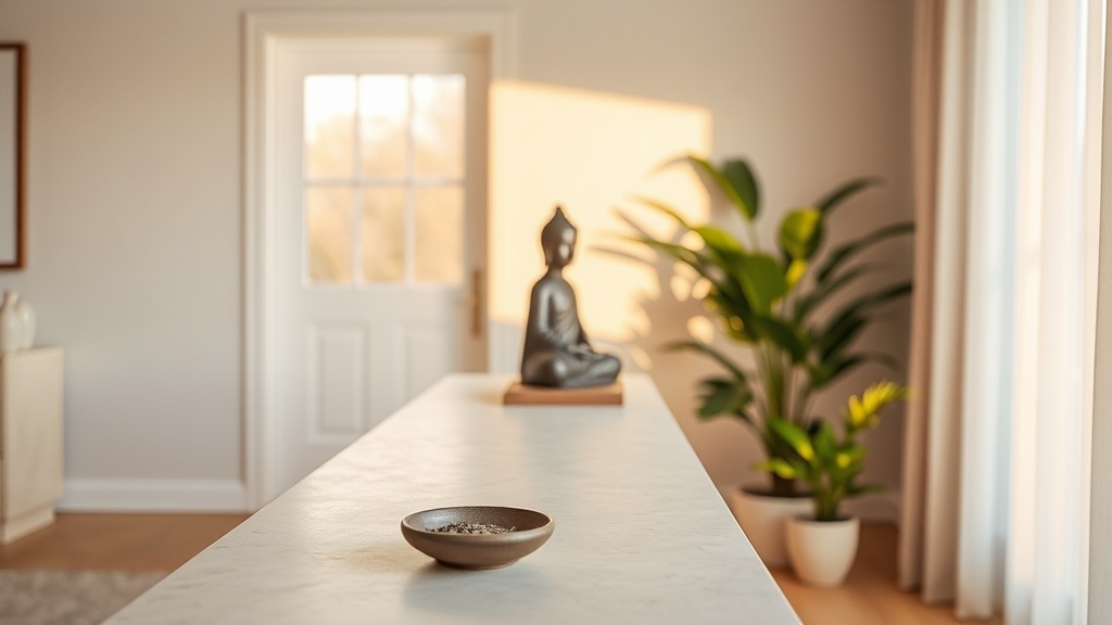 Buddha statue placed on a console table in a bright living room, facing the main entrance