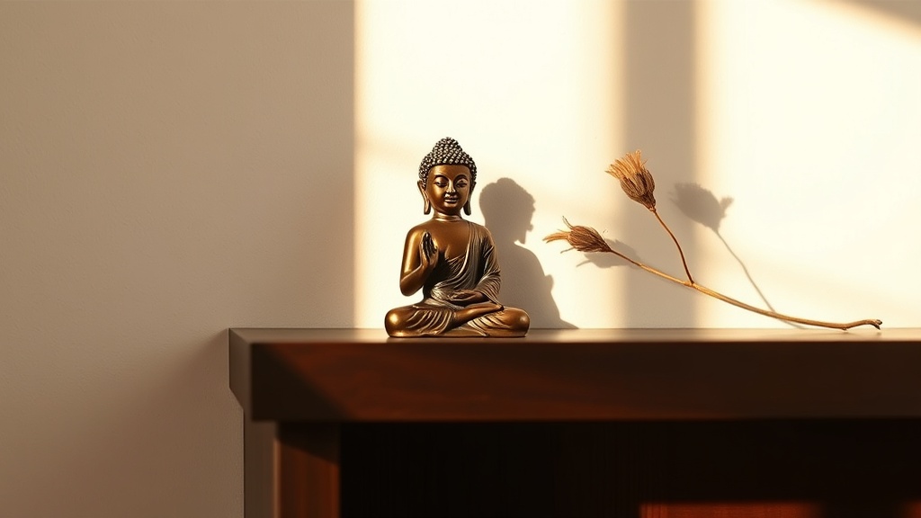 Bronze Shakyamuni Buddha statue with Bhumisparsha mudra on a clean elevated wooden shelf