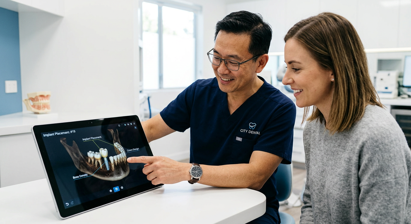 Close-up photorealistic scene of a dentist reviewing a 3D dental implant model with a patient in a bright, clean consultat...