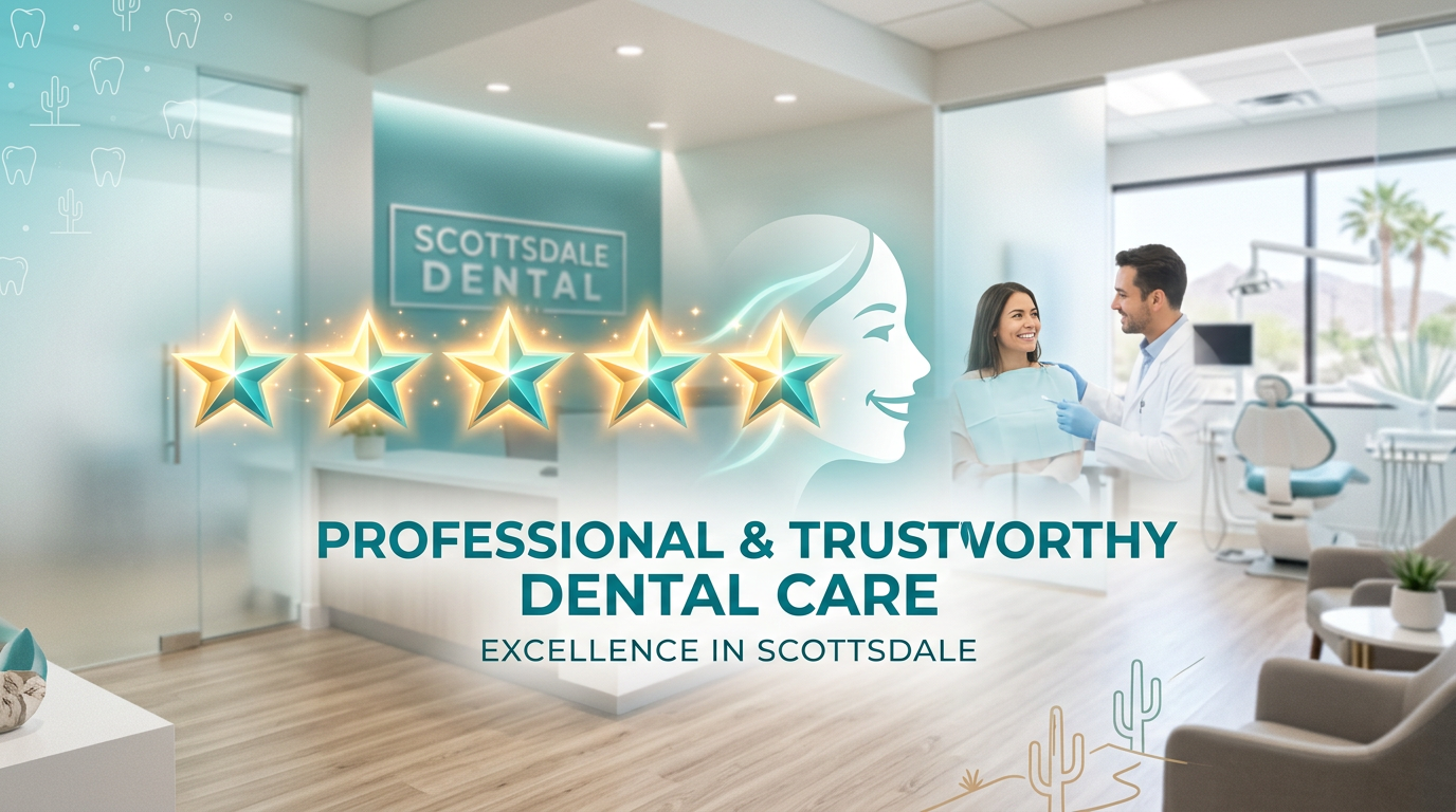 Modern infographic-style visual of five glowing review stars beside a subtle smile silhouette, with a Scottsdale dental of...