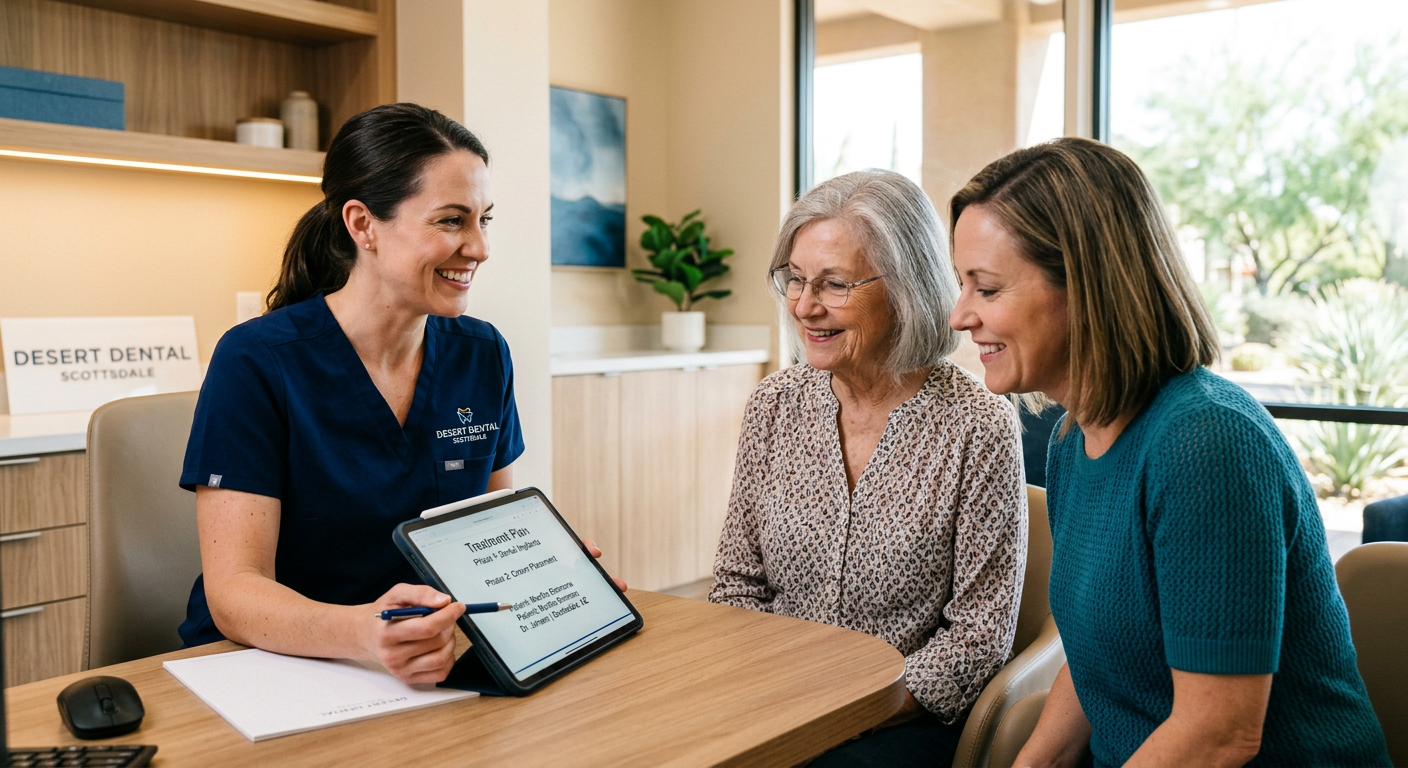 Photorealistic in-content image of a smiling female dentist reviewing a treatment plan with a senior American patient and ...