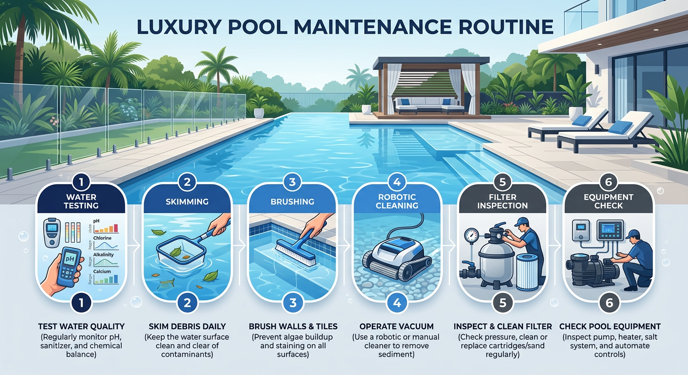 Clean modern infographic-style illustration of a luxury pool maintenance routine, showing water testing, skimming, brushin...