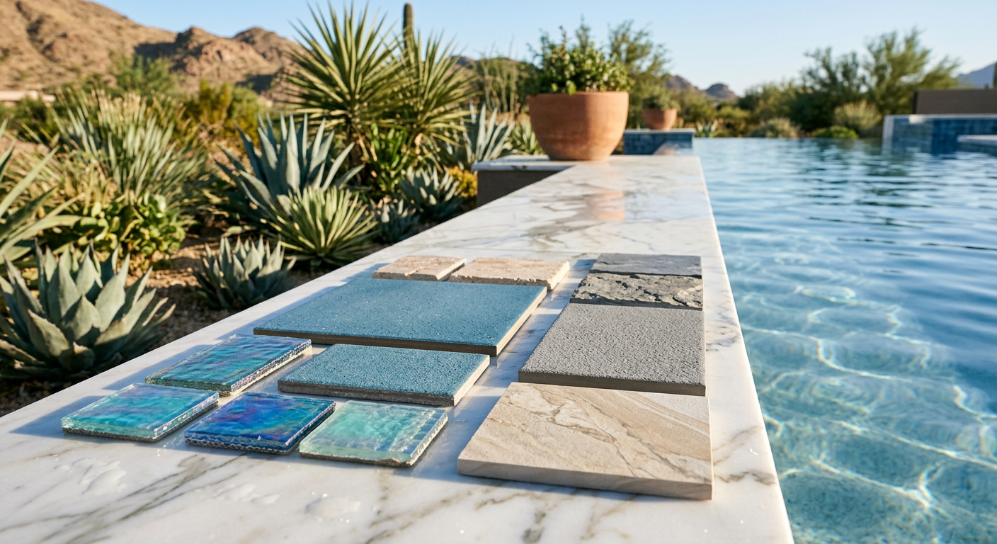 Best Pool Tile for Luxury Pools: Elegant Options That Last Close-up of premium pool tile samples including glass, porcelain, and natural stone arranged on a marble surface beside wa...