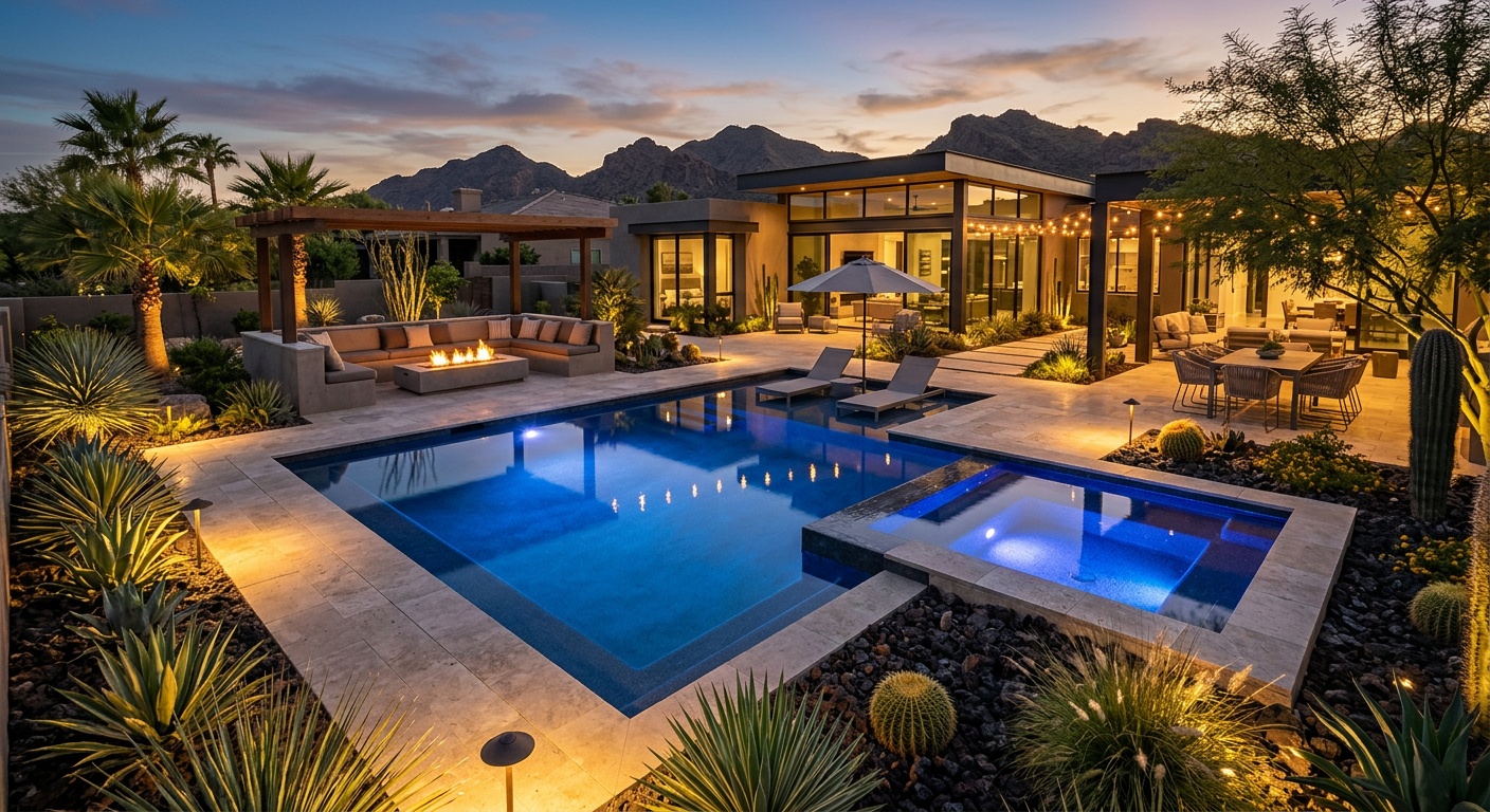 Modern Scottsdale backyard design concept shown as a photorealistic evening scene with a sleek custom pool, raised spa, bu...