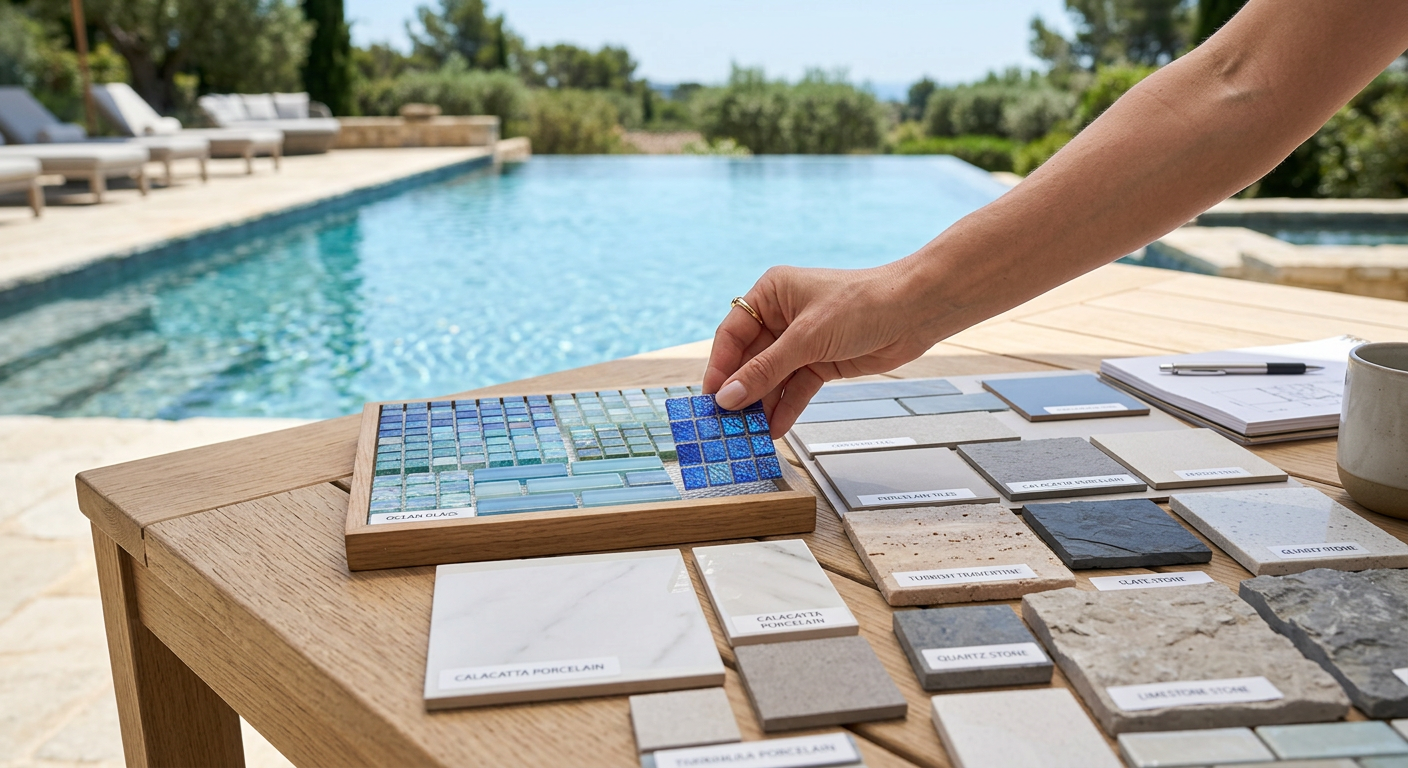 Close-up photorealistic view of a hand selecting premium pool tile samples, including glass mosaic, porcelain, and natural...
