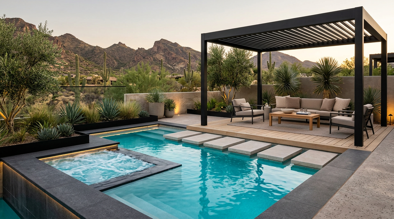 Custom Backyard Oasis Design Trends for Luxury Homes Modern outdoor living scene featuring a sleek spool, integrated spa, floating steps, and minimalist lounge seating under a...