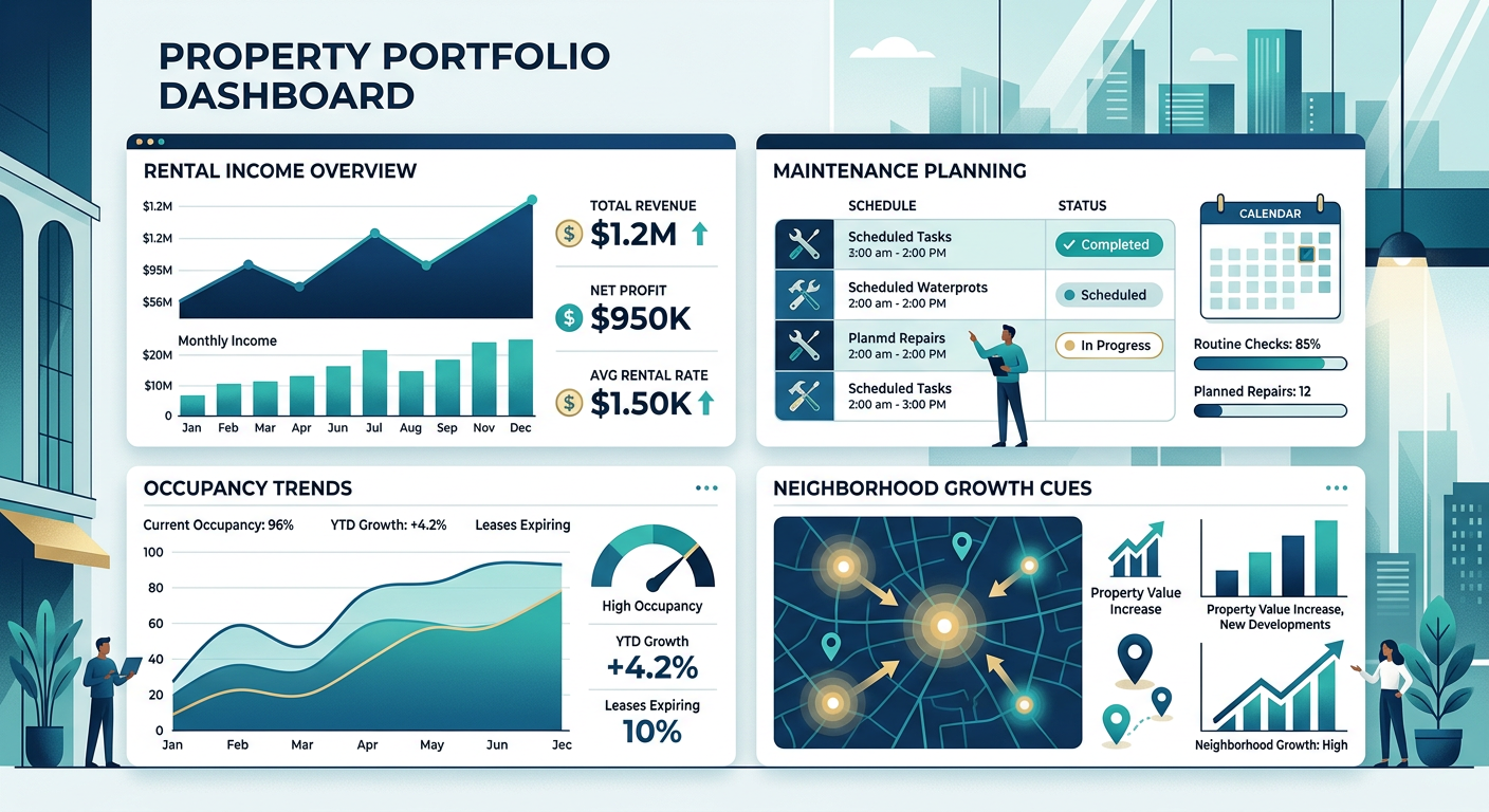 Modern editorial-style illustration of a property portfolio dashboard with rental income, maintenance planning, occupancy ...