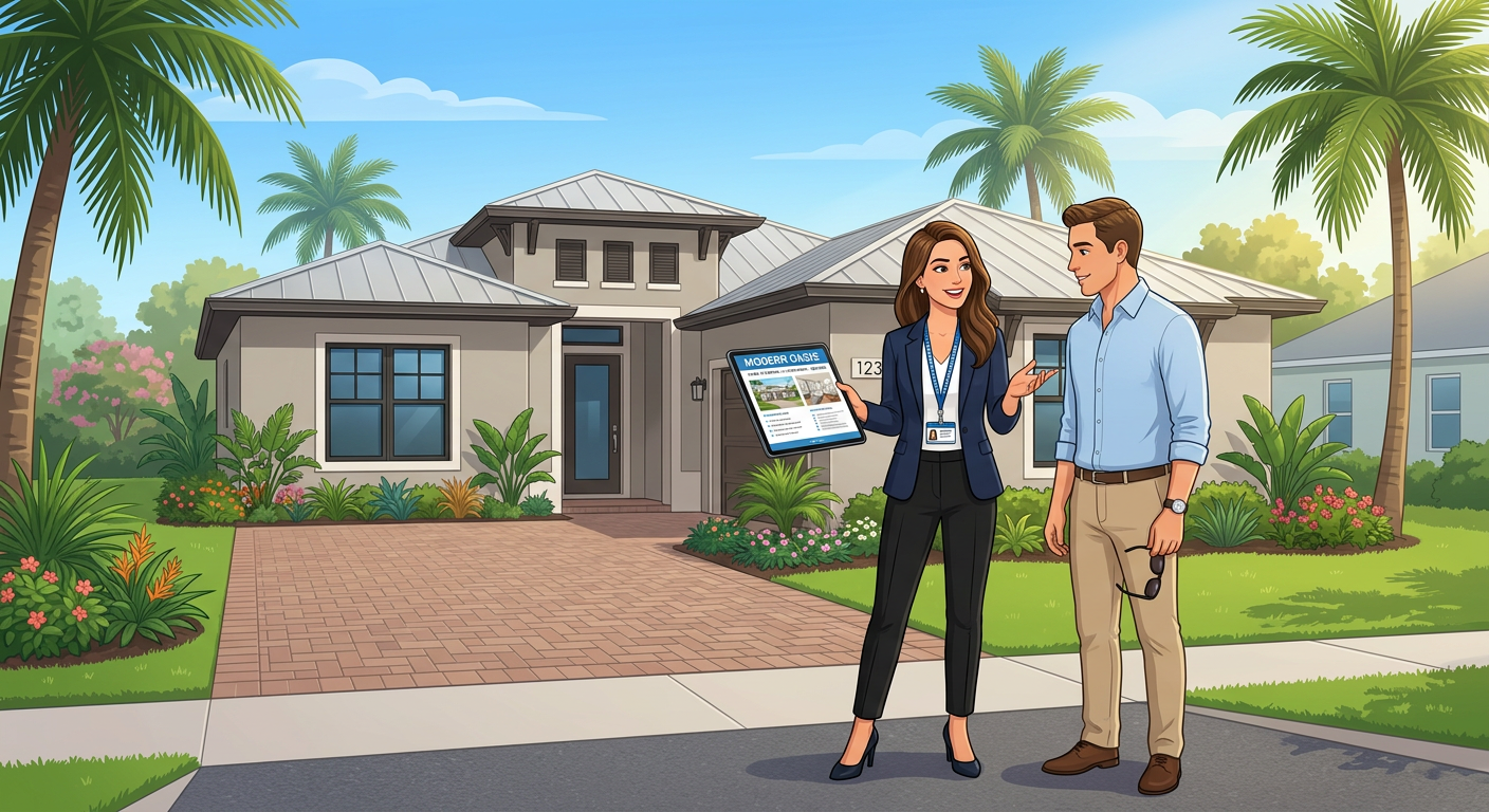A modern illustrative scene of a real estate agent showing a digital home listing to a buyer outside a Florida-style singl...