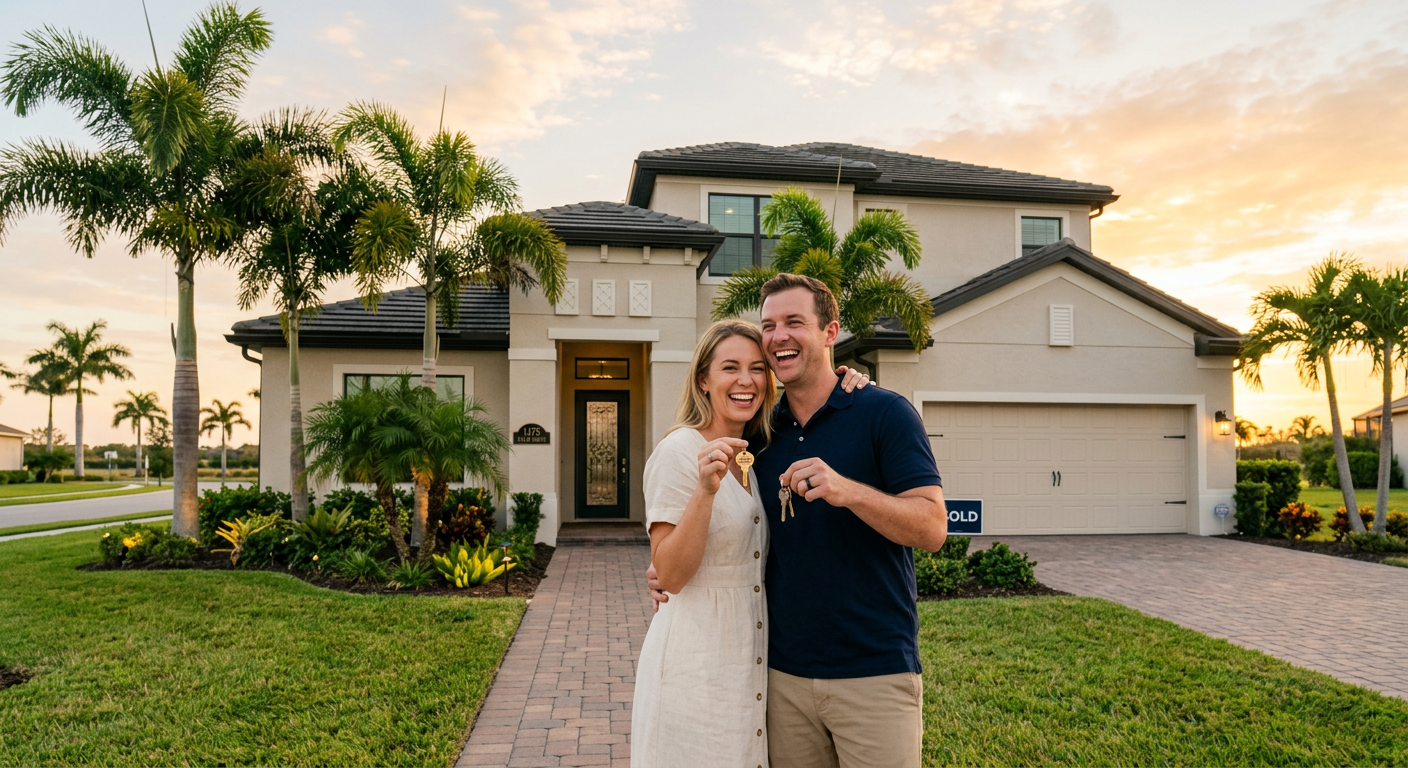A warm sunset scene of a happy couple standing in front of their new Port Saint Lucie home, keys in hand, subtle palm tree...