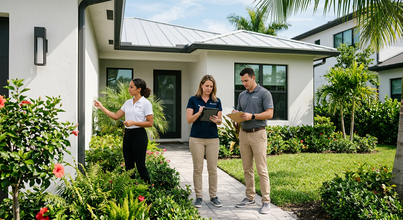Modern property management team inspecting a Lake Worth rental home exterior, using a tablet and clipboard, with lush land...