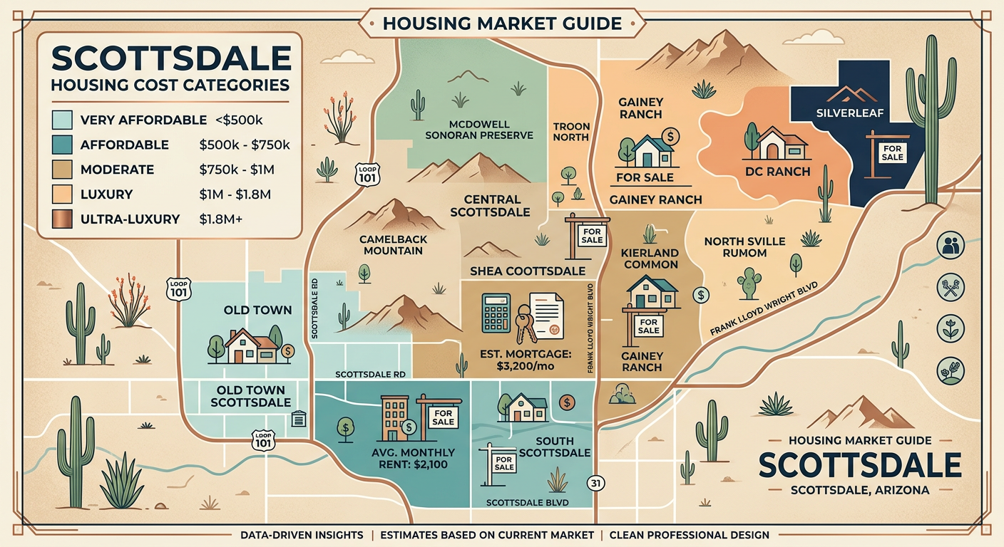Detailed modern illustration of Scottsdale housing cost categories, with a stylish desert map, home icons, rent and mortga...