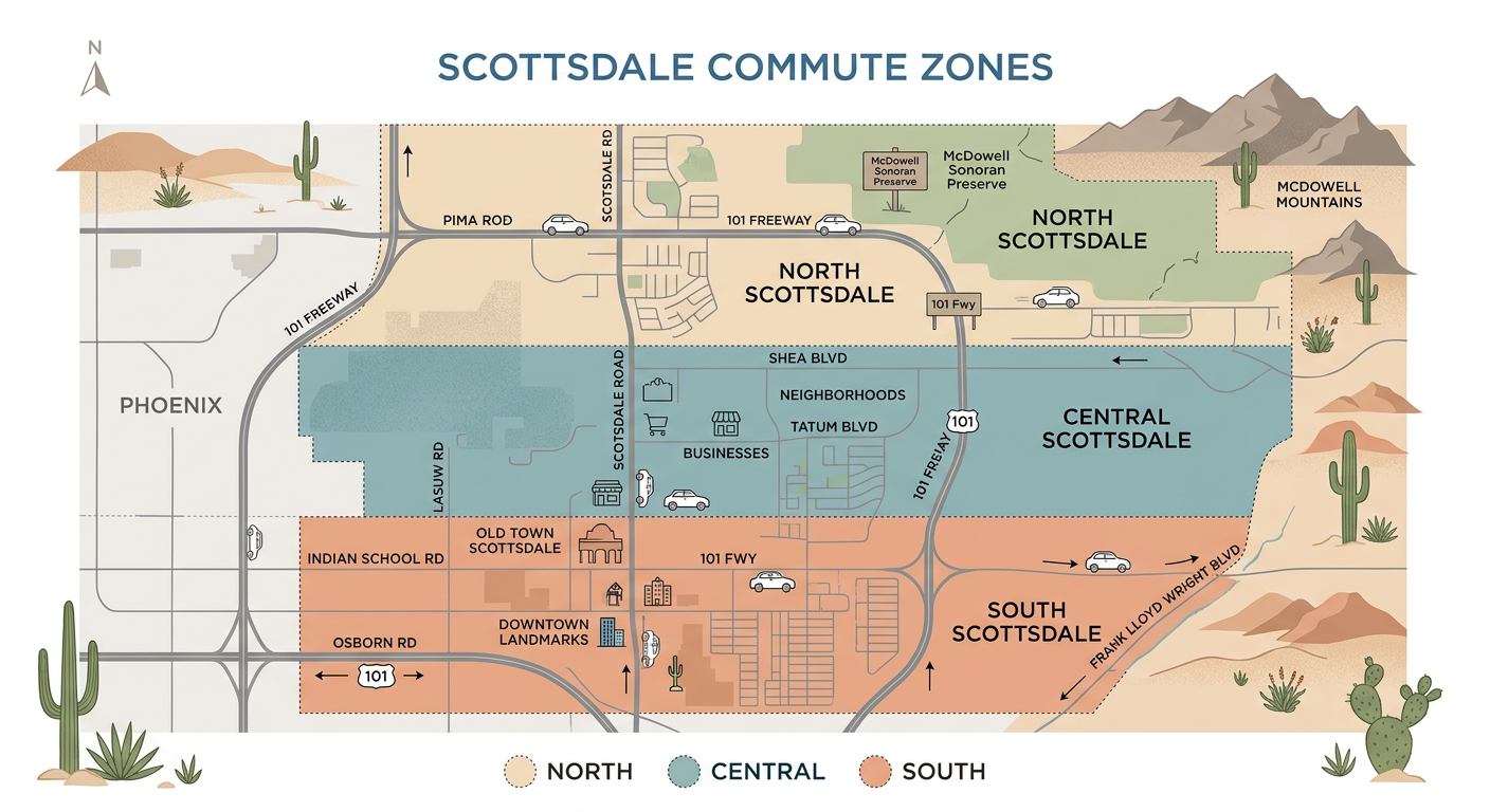 A clean, modern illustrative map-style scene showing Scottsdale divided into north, central, and south commute zones with ...