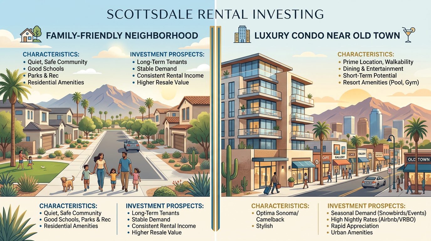 Modern split-view illustration of Scottsdale rental investing, one side showing a family-friendly neighborhood street, the...