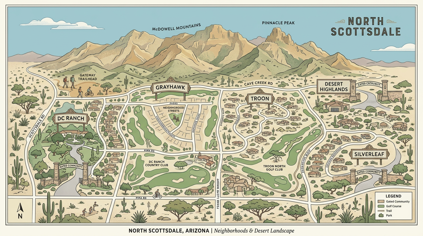 Modern illustrative map-style scene showing North Scottsdale neighborhoods, desert mountains, gated entrances, golf course...