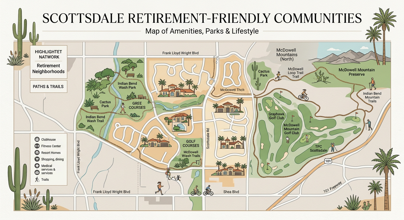 A clean, modern neighborhood map-style illustration of Scottsdale retirement-friendly communities highlighted with green p...