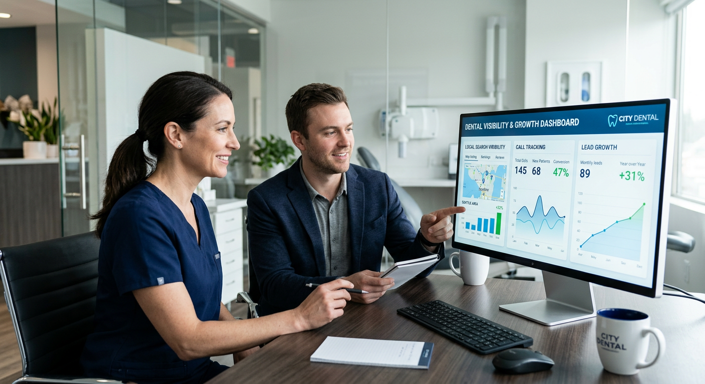 Dental SEO Marketing Agency Scottsdale: More Calls, More Patients 2 Modern in-content scene of a dentist and marketing strategist reviewing a website dashboard showing local search visibilit...