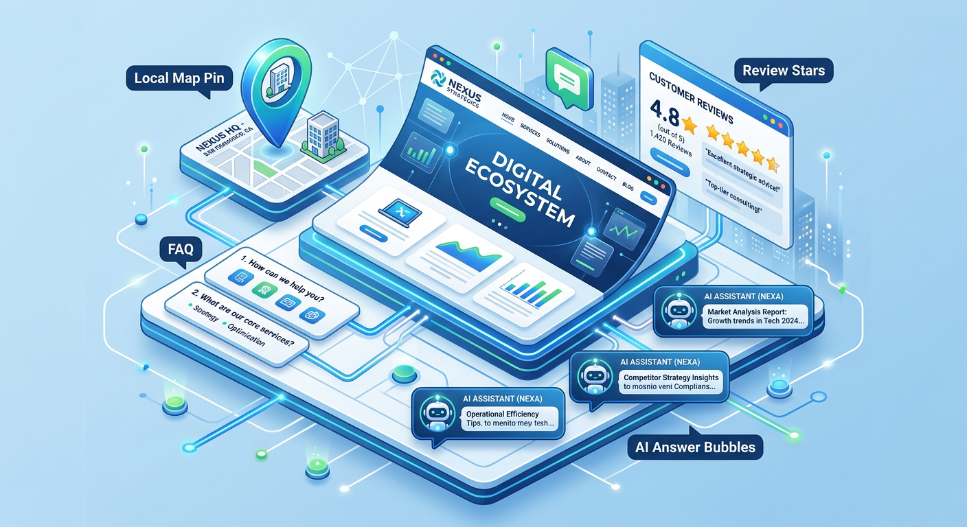 How To Show Up In AI Search Results And Get Chosen 2 A modern isometric-style digital ecosystem showing a business website, local map pin, review stars, FAQ cards, and AI answ...