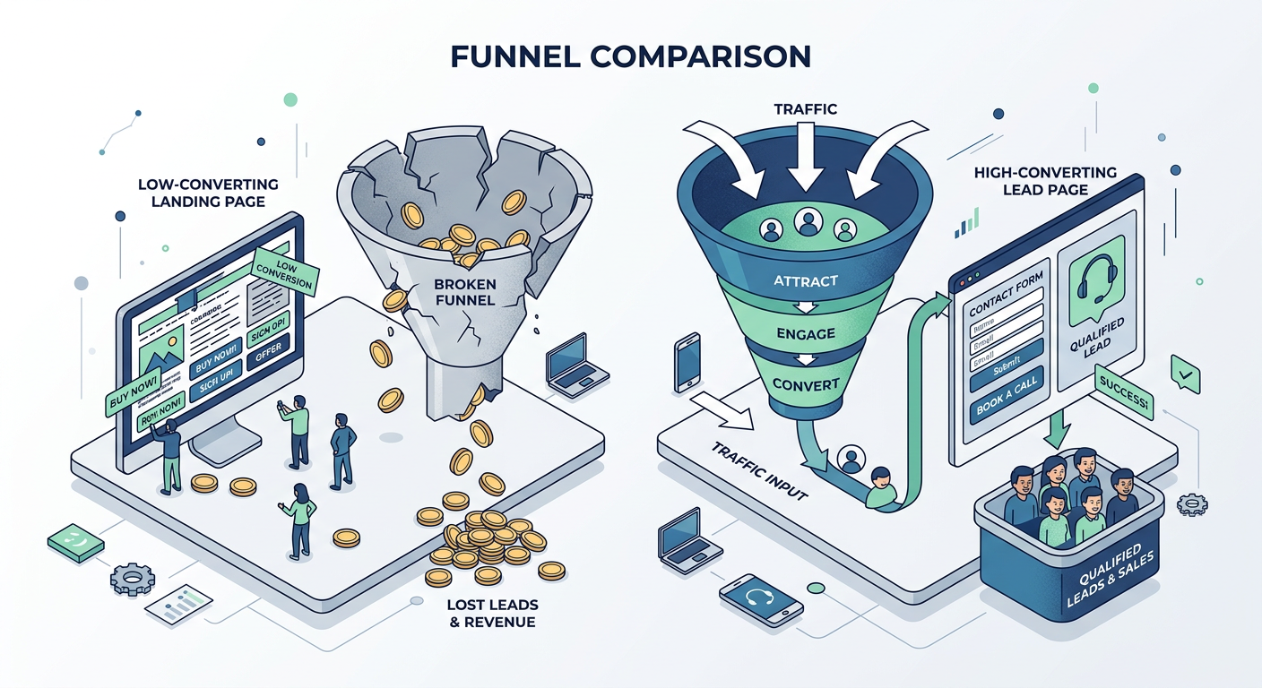 An isometric modern illustration of a broken funnel leaking coins into a low-converting landing page on one side and a str...