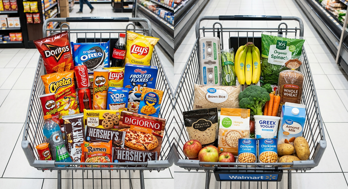 Overhead photorealistic view of a grocery cart split into two halves, one side filled with branded snacks and convenience ...