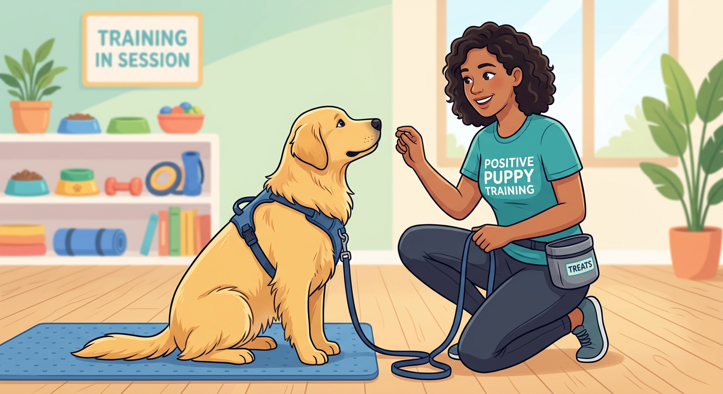 A modern illustrative scene showing a trainer kneeling beside a dog during a basic obedience session, with simple visual c...