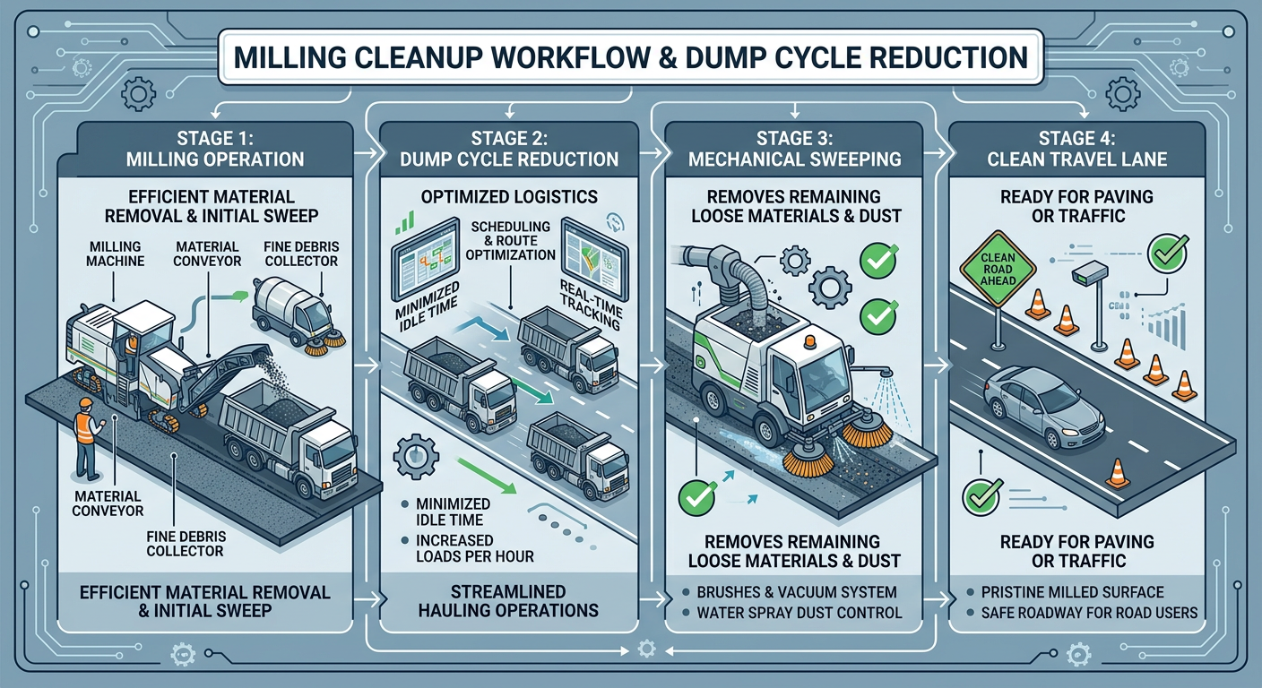 Detailed in-content infographic-style illustration of a milling cleanup workflow showing a milling machine, street sweeper...