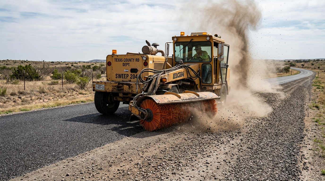 Photorealistic close-to-wide view of a mechanical broom sweeper making a controlled pass over loose chip seal stone on a T...