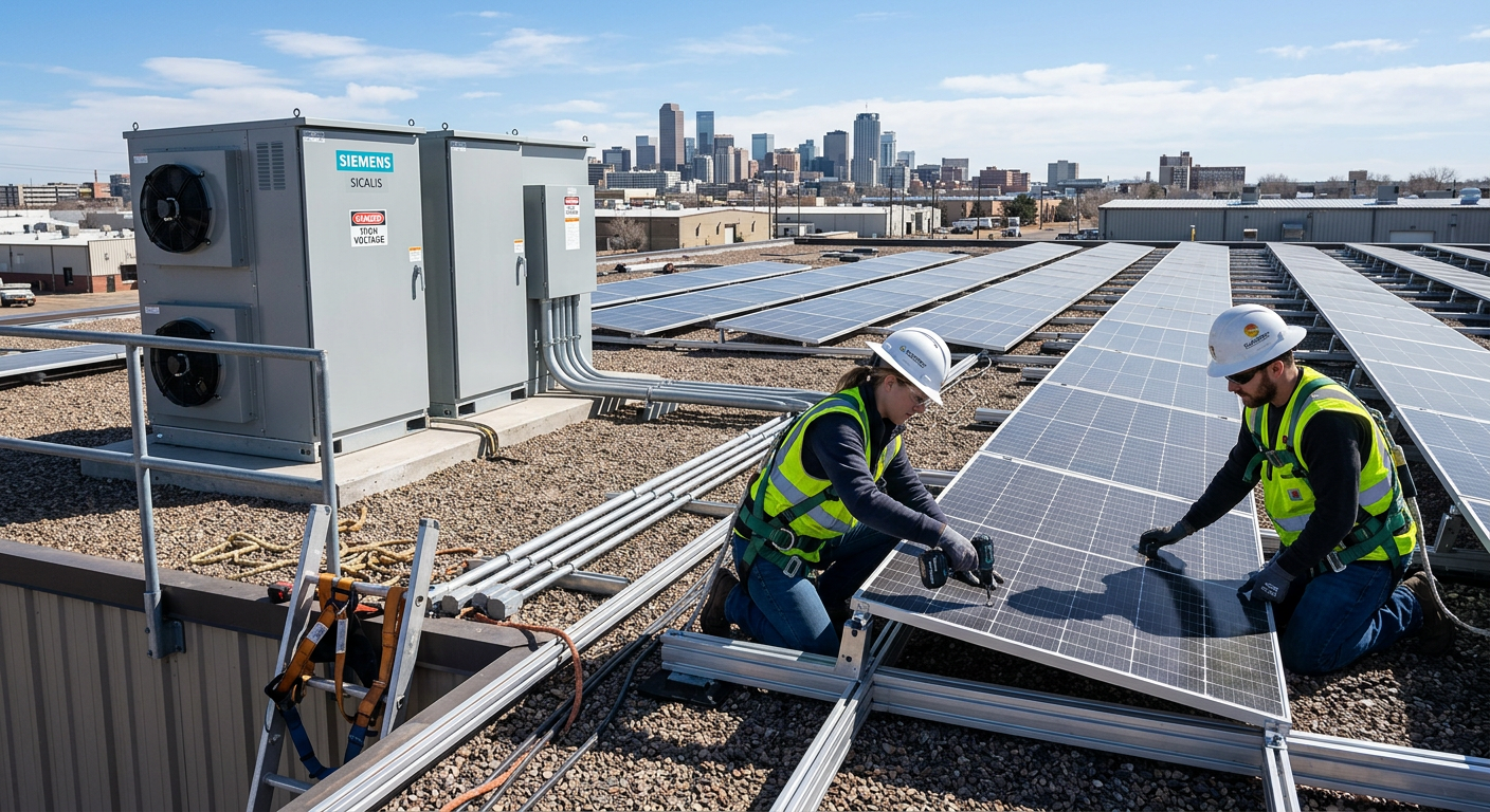 A detailed, photorealistic in-content image of technicians installing commercial solar panels on a flat rooftop with batte...