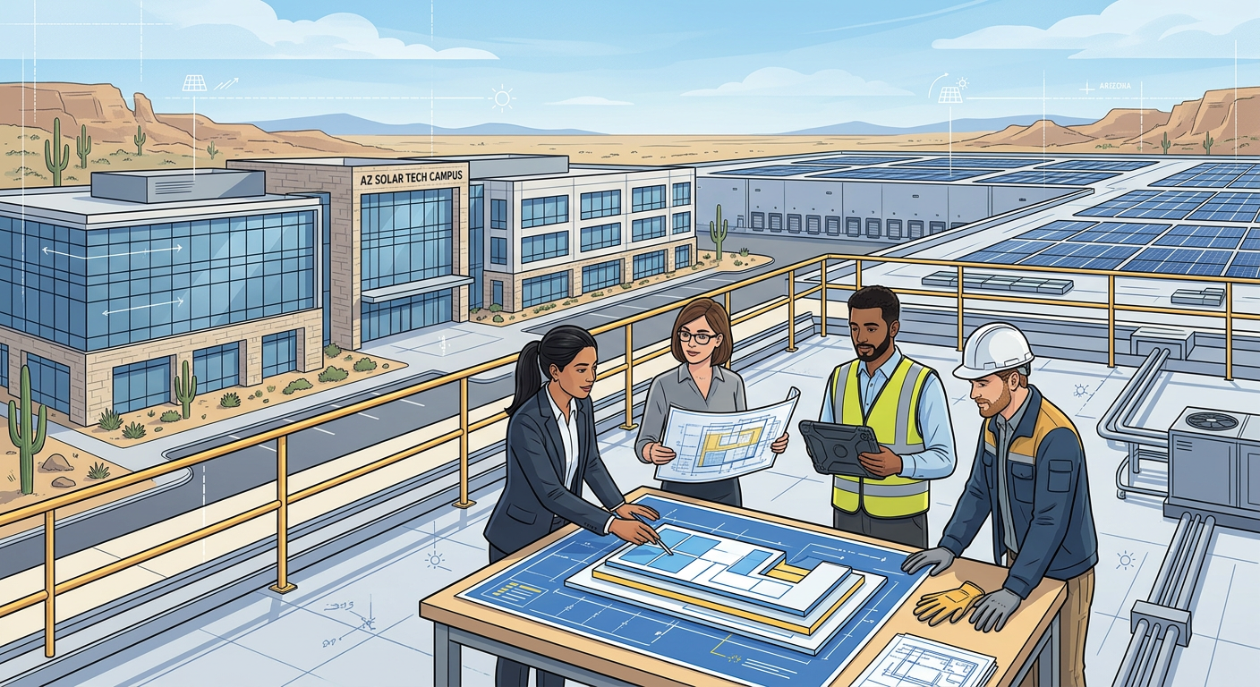Modern illustrative scene of a commercial solar project team reviewing rooftop plans beside a warehouse and office campus ...