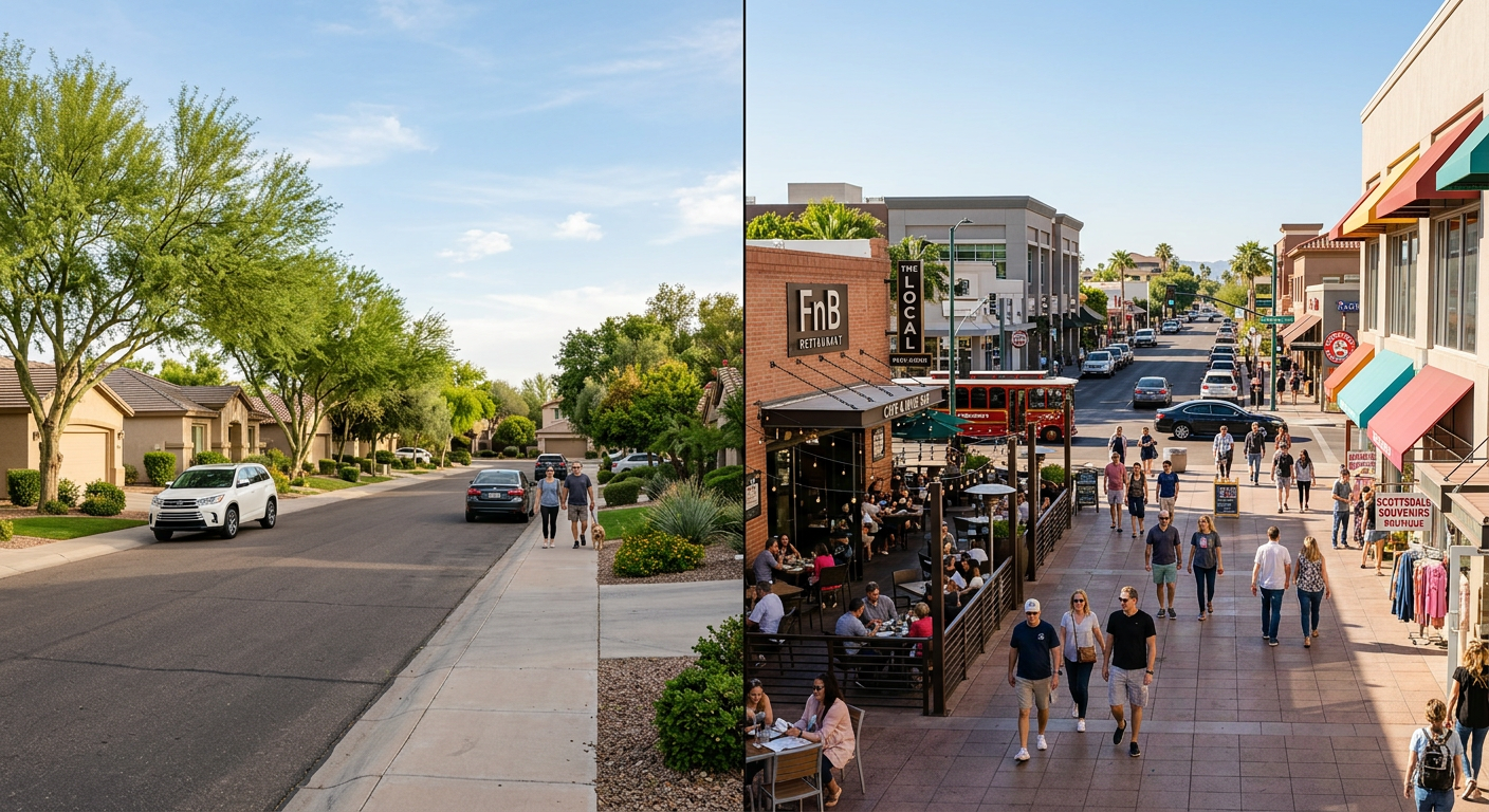 A modern comparison-style real estate scene showing a quiet suburban street on one side and a more urban Scottsdale street...