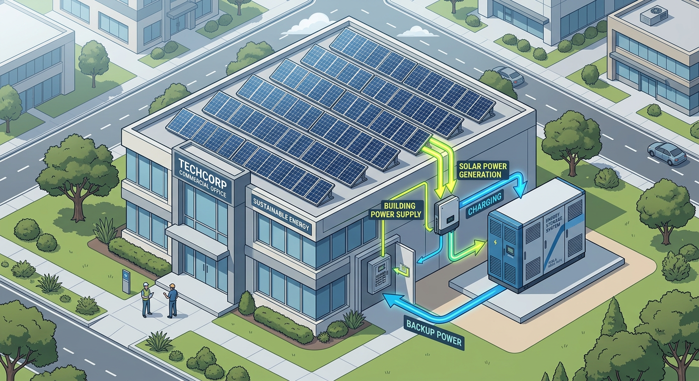 Modern isometric illustration of a Texas commercial building energy system showing solar panels, a battery cabinet, and ar...