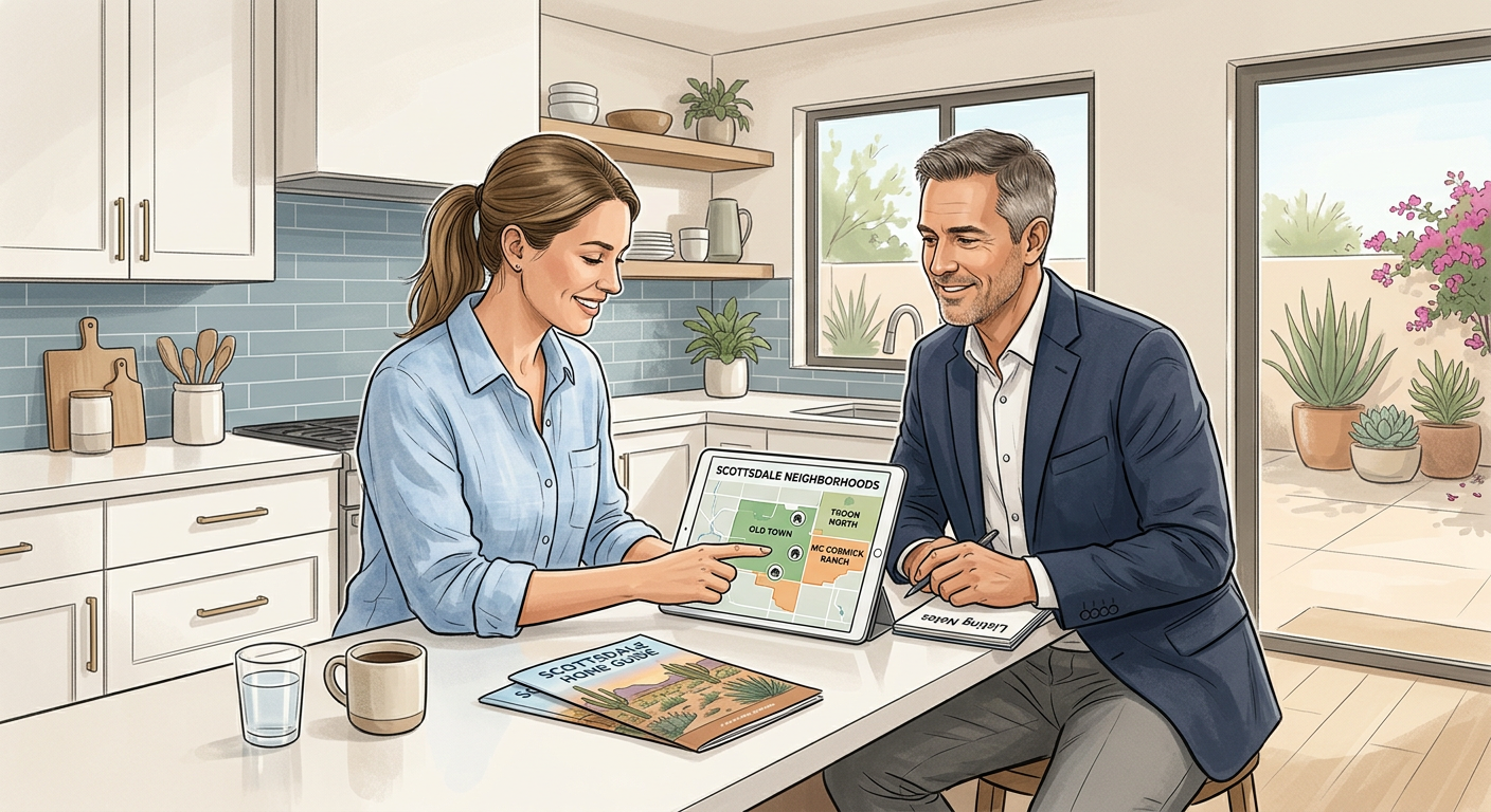 A clean, modern real estate scene showing a buyer reviewing Scottsdale neighborhood map overlays and home listings on a ta...