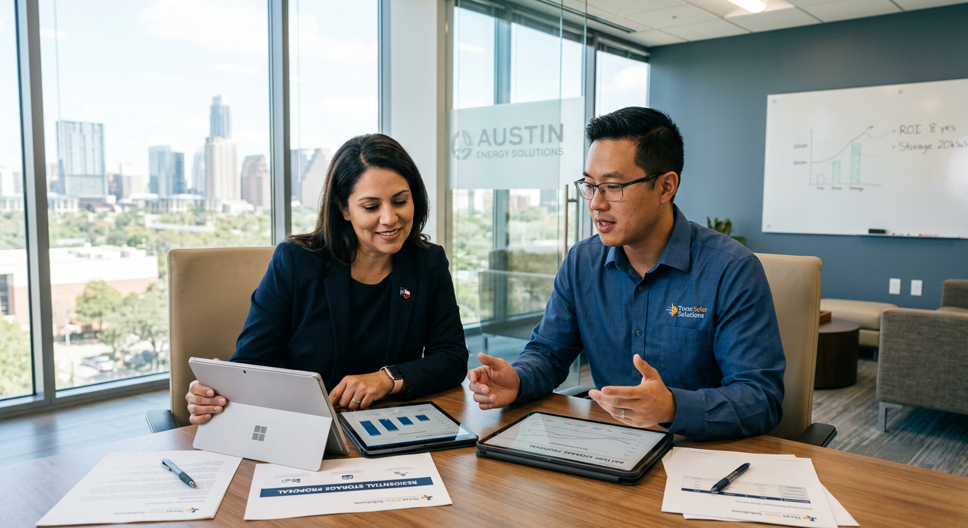 Professional Texas business owner and solar dealer reviewing a battery storage proposal together in a modern conference ro...