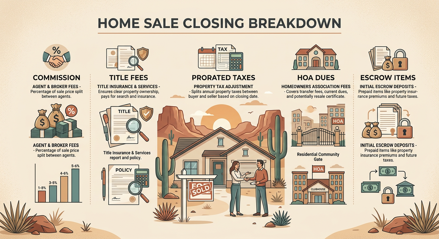 Realistic infographic-style illustration of a home sale closing breakdown with simple labeled sections for commission, tit...