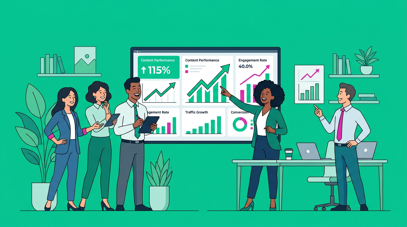 Clean editorial-style illustration of a confident agency team reviewing a dashboard with rising content performance, flat ...