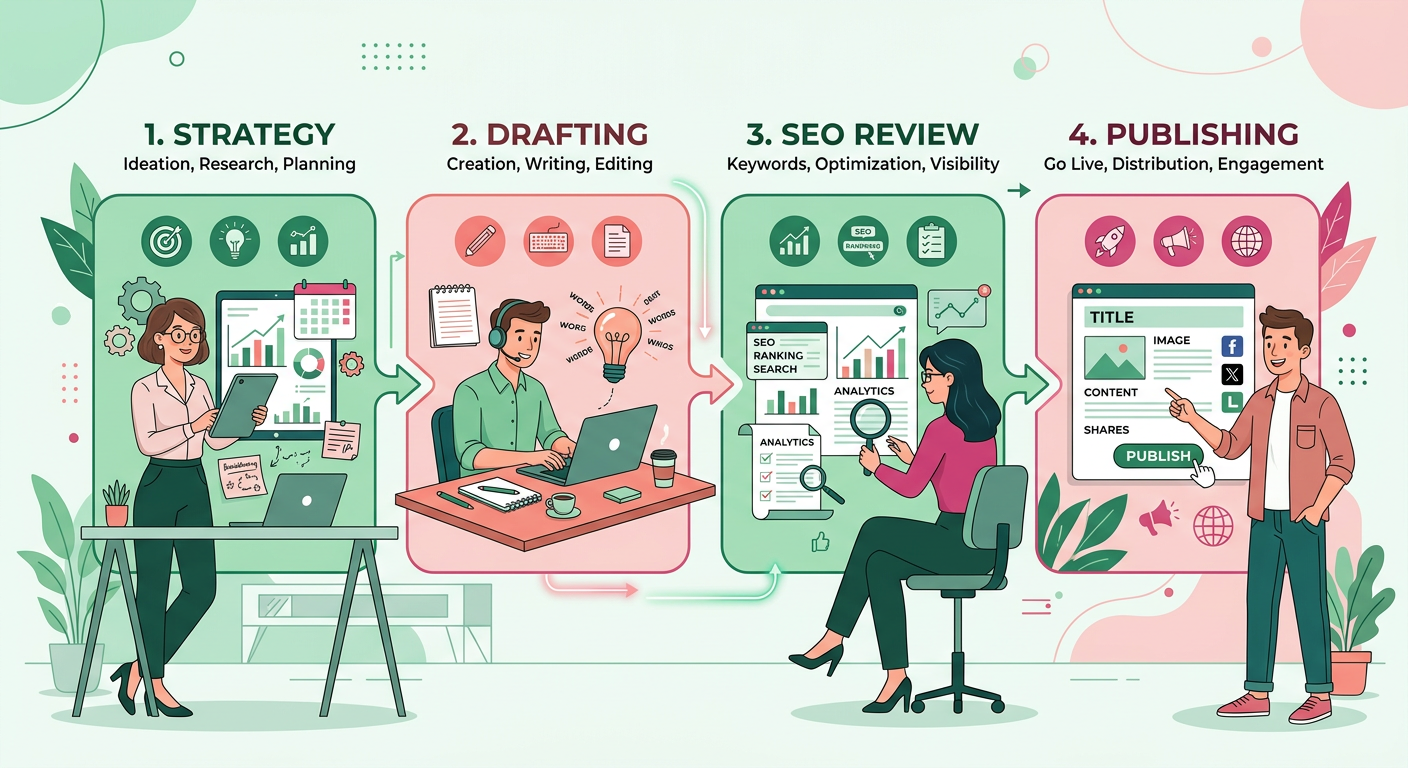 Modern illustrative scene showing a content production workflow moving through stages from strategy to drafting to SEO rev...